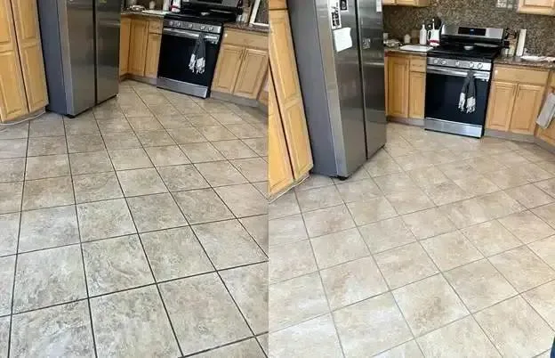 Kitchen tile and grout floor before and after cleaning