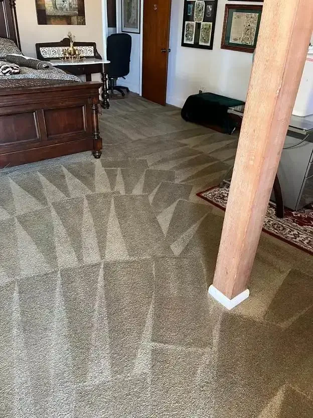 Clean bedroom carpet showing professional steam cleaning pattern