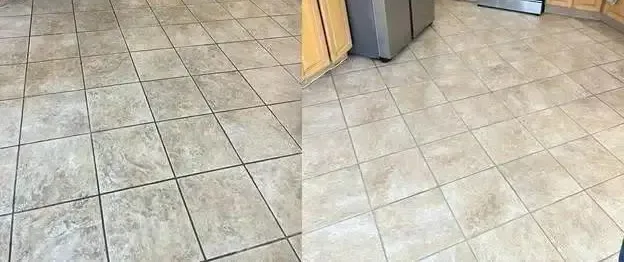 Kitchen tile floor before and after professional grout cleaning, Complete Carpet Care tile and grout cleaning in Brandon, FL