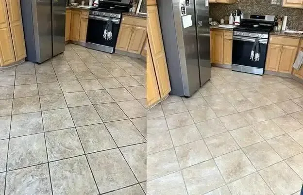 Kitchen tile floor before and after professional grout cleaning, Complete Carpet Care tile and grout cleaning in Riverview, FL