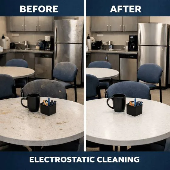 Electrostatic cleaning before and after in a break room